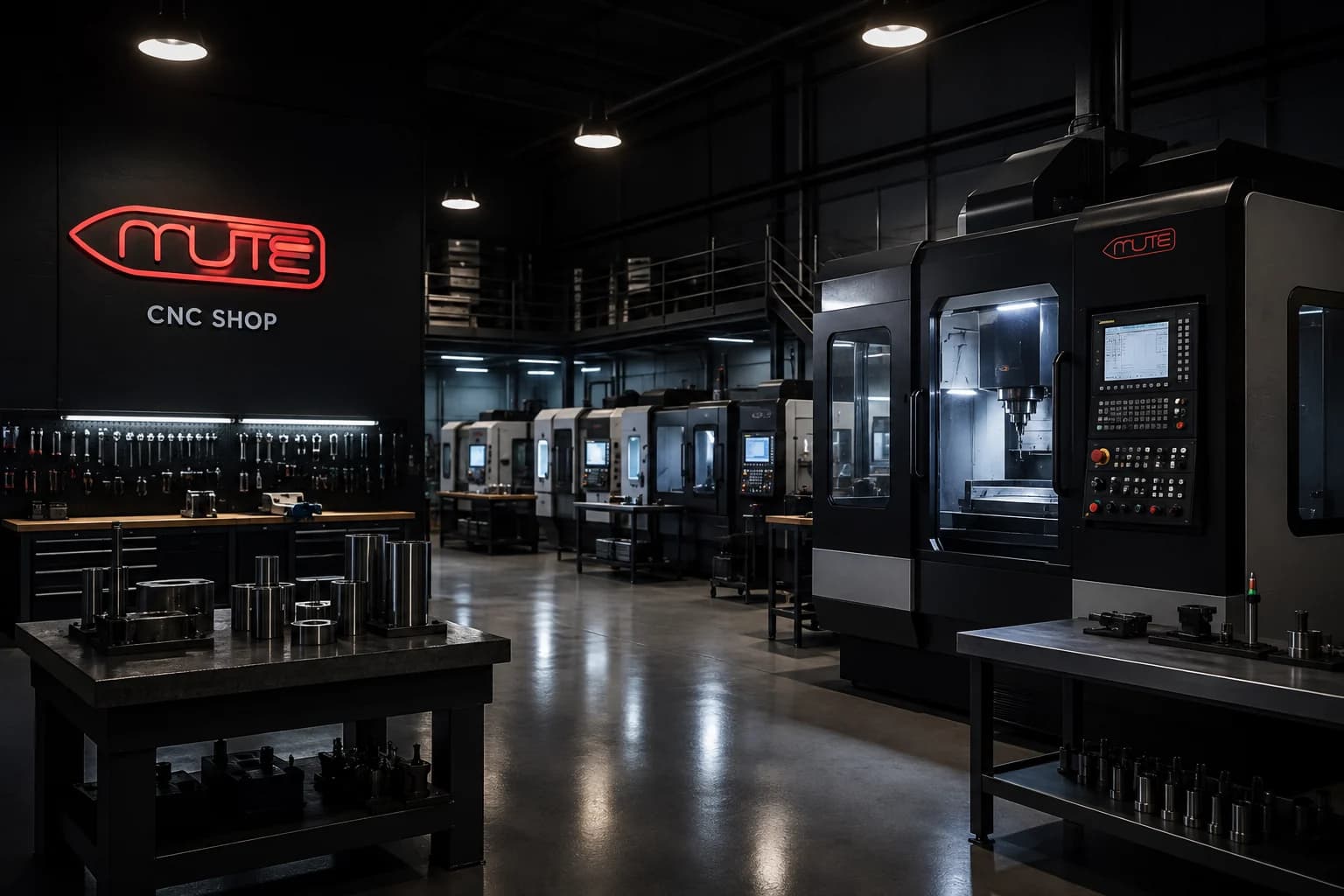 The Mute CNC shop — machining centres, tool wall and bar stock under the Mute sign